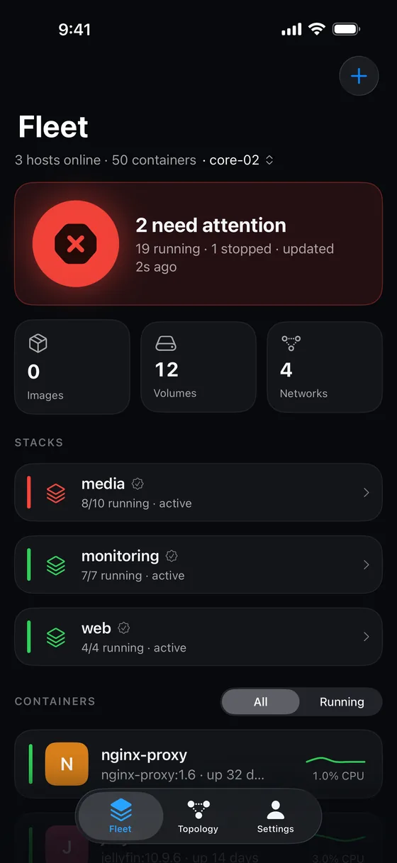 The Fleet tab with a red summary card saying one container needs attention