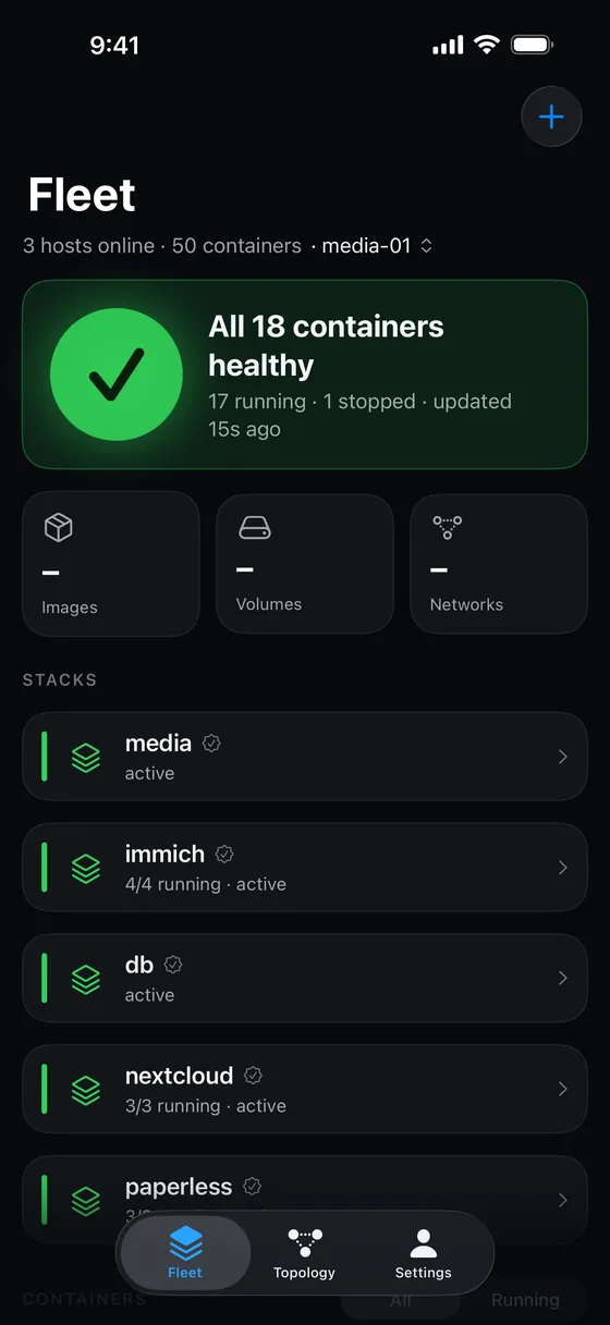 The Fleet tab with a green summary card, stacks and containers