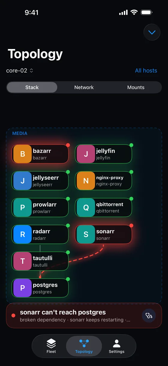 The topology tab: a graph of the media stack with a failing link between sonarr and postgres marked in red