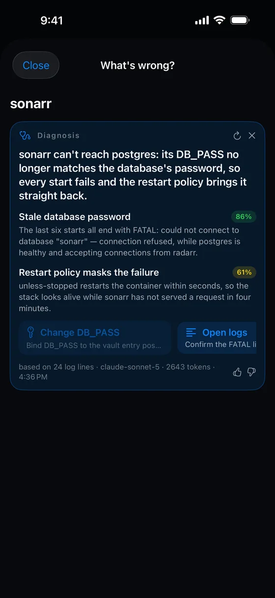 The diagnosis sheet explaining that sonarr cannot reach postgres because of a stale password, with actions to rotate the secret and open the logs