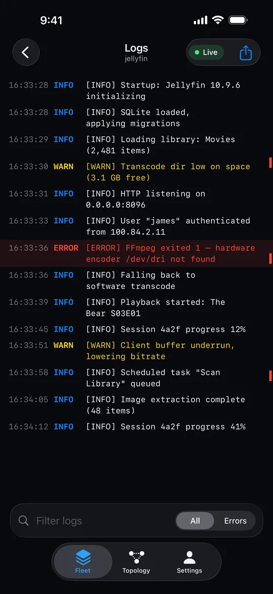 Container logs with error lines tinted red and warnings in amber